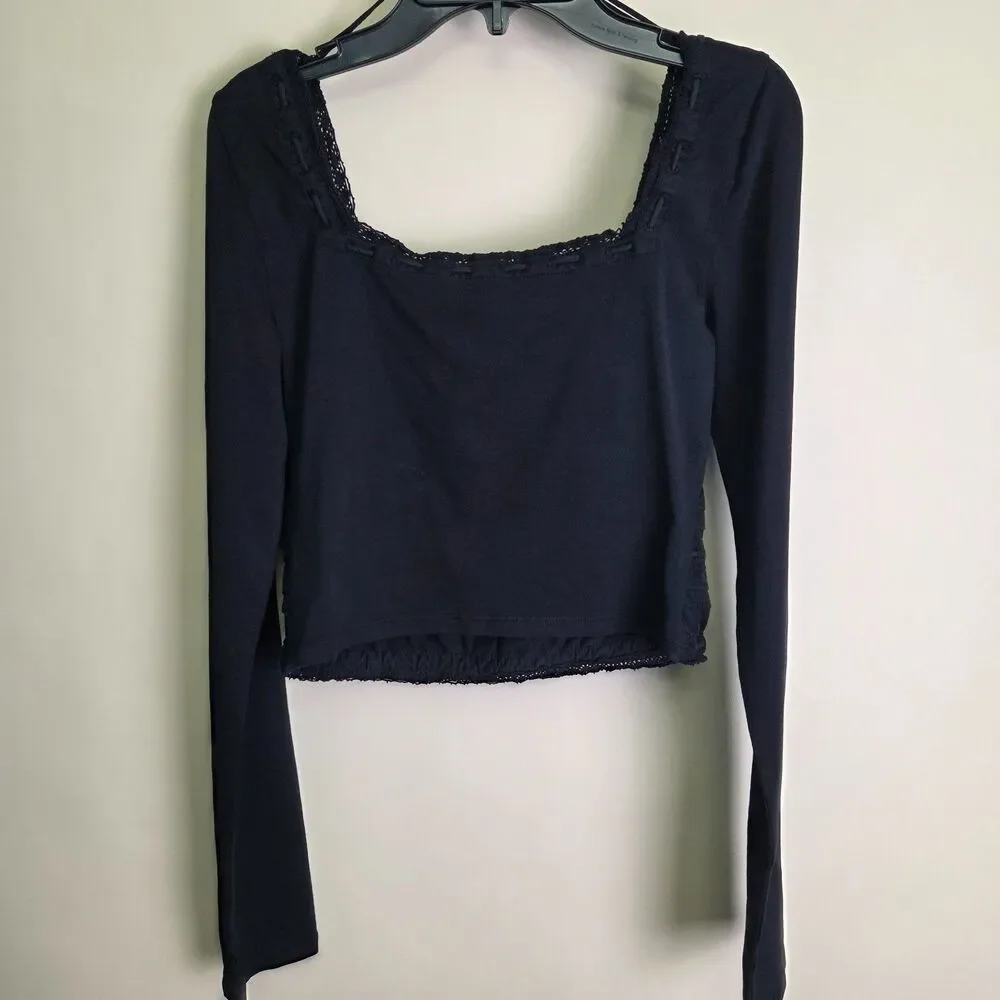 Free People Black Lace Trim Long Sleeve Crop Top Tie Front Boho Size Small